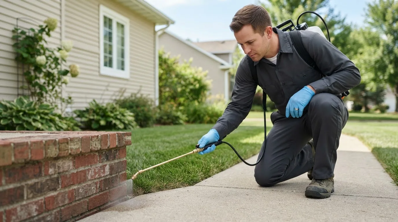 Pest control technician treating a home near Charlotte, AR